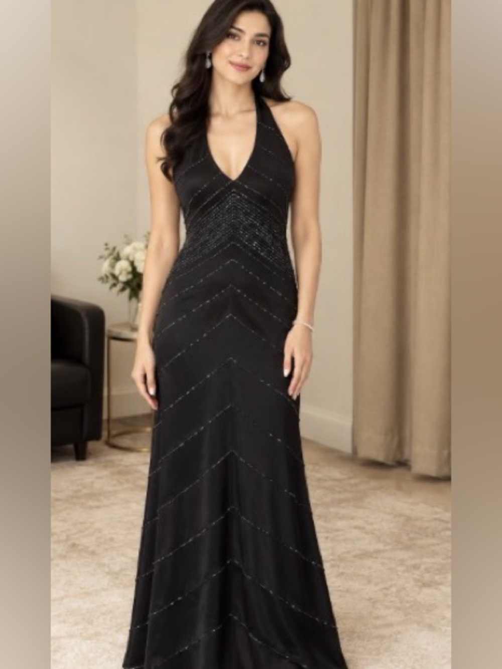 De Laru by Sheila Yen designer black Lined beaded maxi halter dress 5/6 Vintage